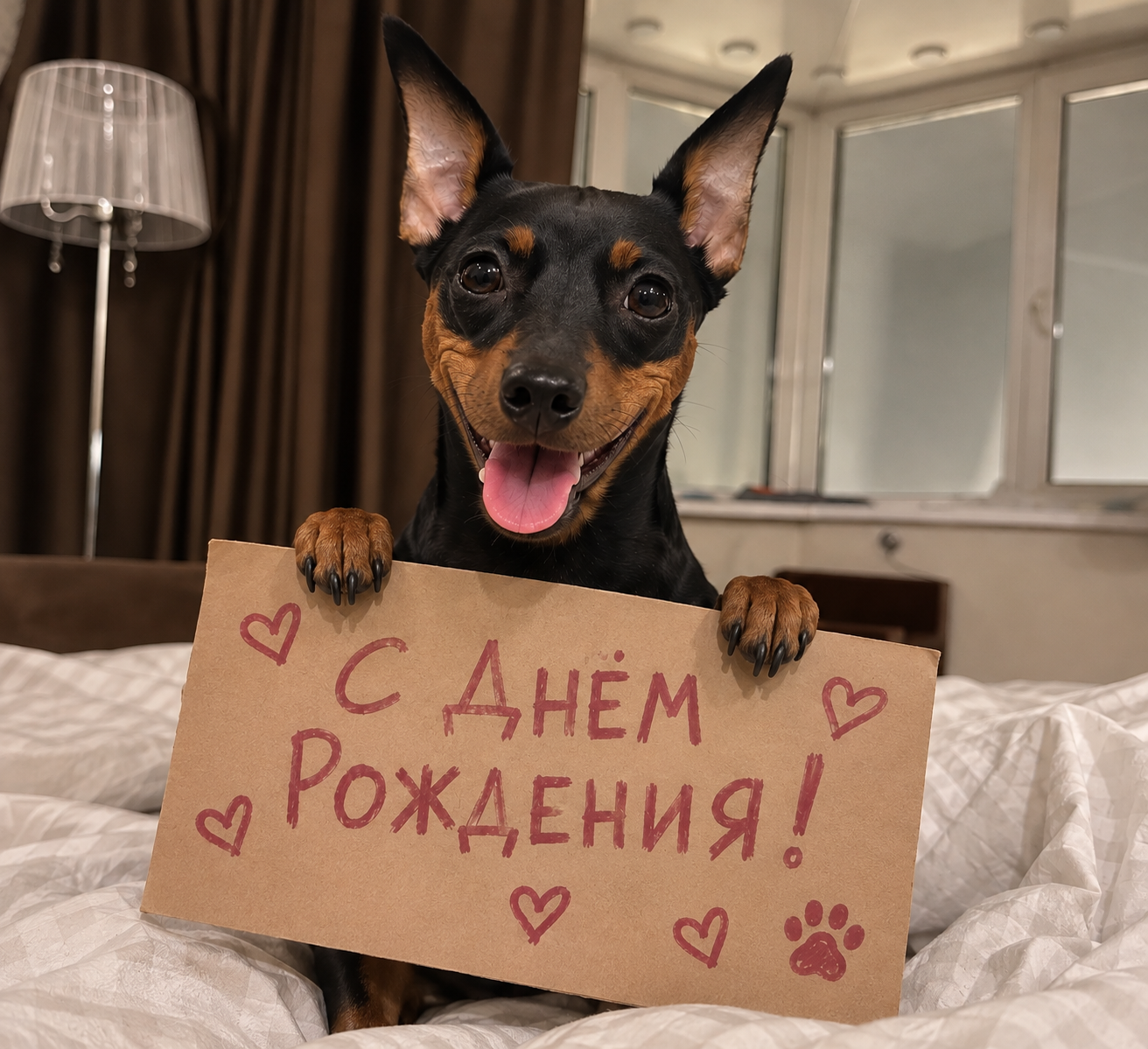 Лайза держит табличку «С днём рождения!»